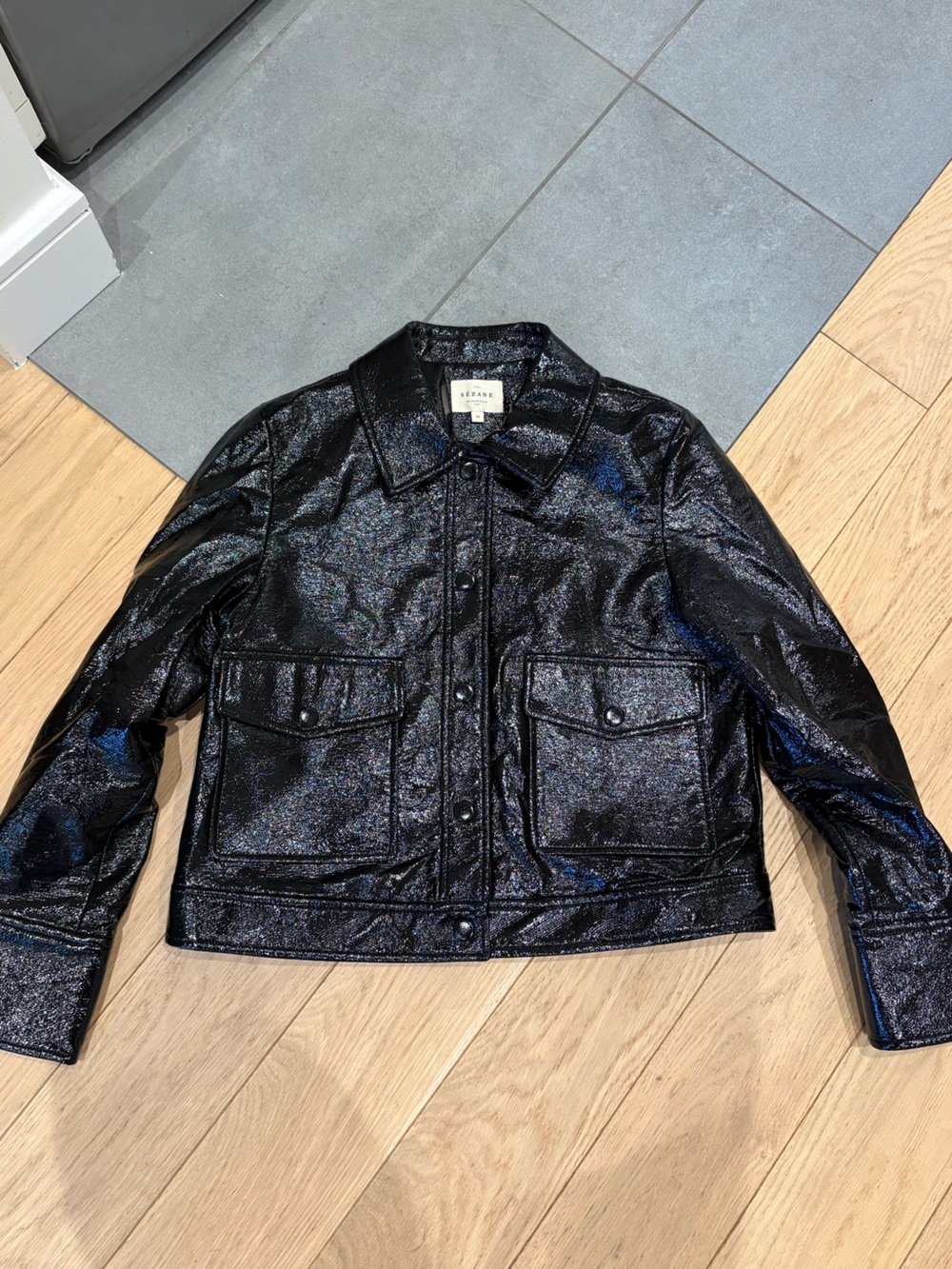 Sezane Terry Black Viynl Shiny Coated Jacket